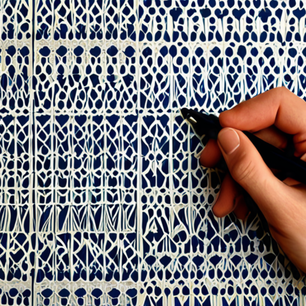 **A designer collaborating with an AI on wallpaper patterns. The AI displays a range of novel pattern ideas on a screen, while the designer selects and refines a design with a digital pen.**