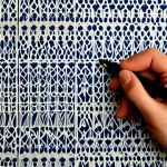**A designer collaborating with an AI on wallpaper patterns. The AI displays a range of novel pattern ideas on a screen, while the designer selects and refines a design with a digital pen.**
